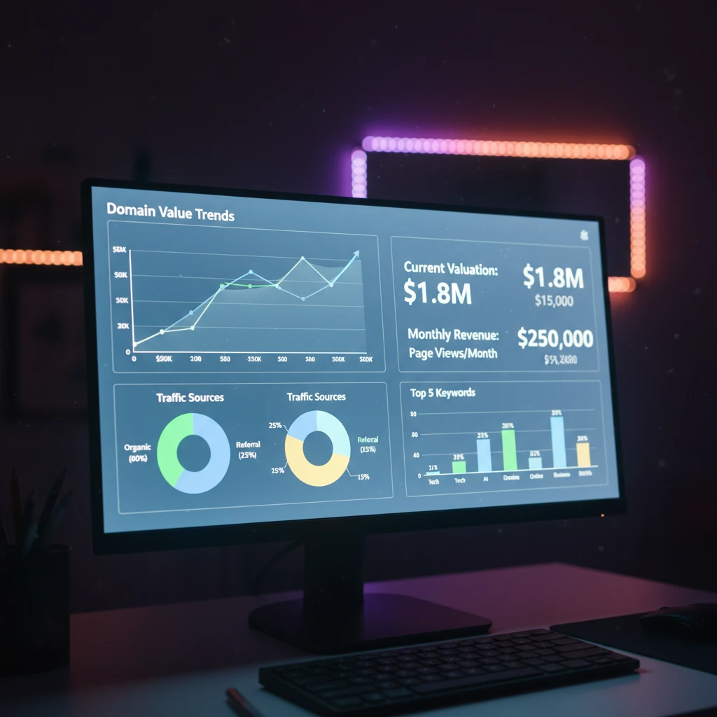 Digital dashboard showing domain valuation metrics and charts