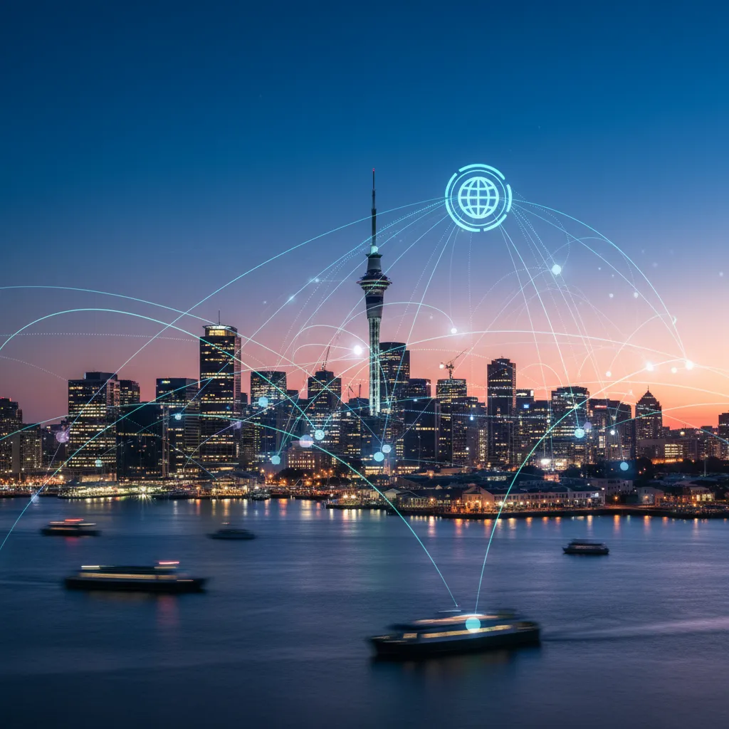 Auckland skyline with digital network overlays representing the NZ domain market