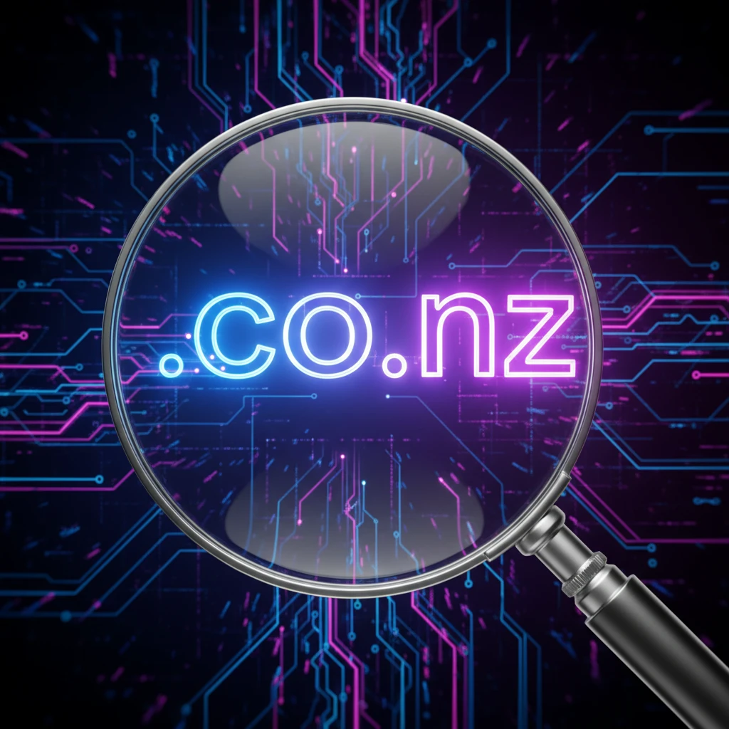 Magnifying glass highlighting a .co.nz domain name extension