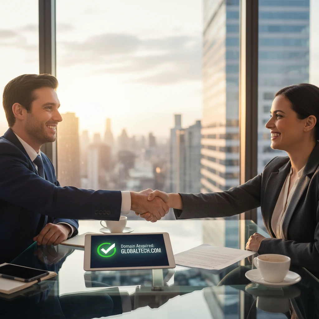 Business professionals shaking hands after domain negotiation