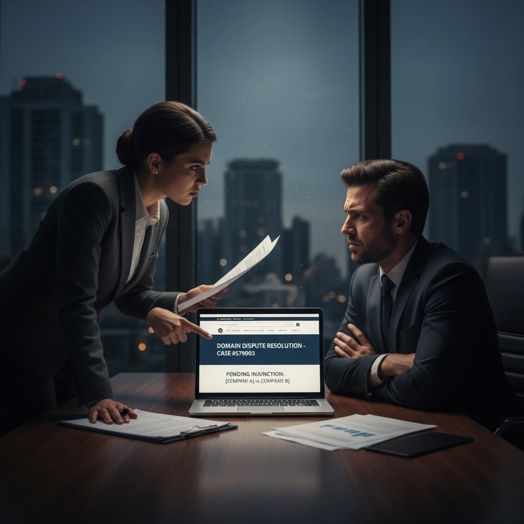 Business professionals discussing a domain dispute