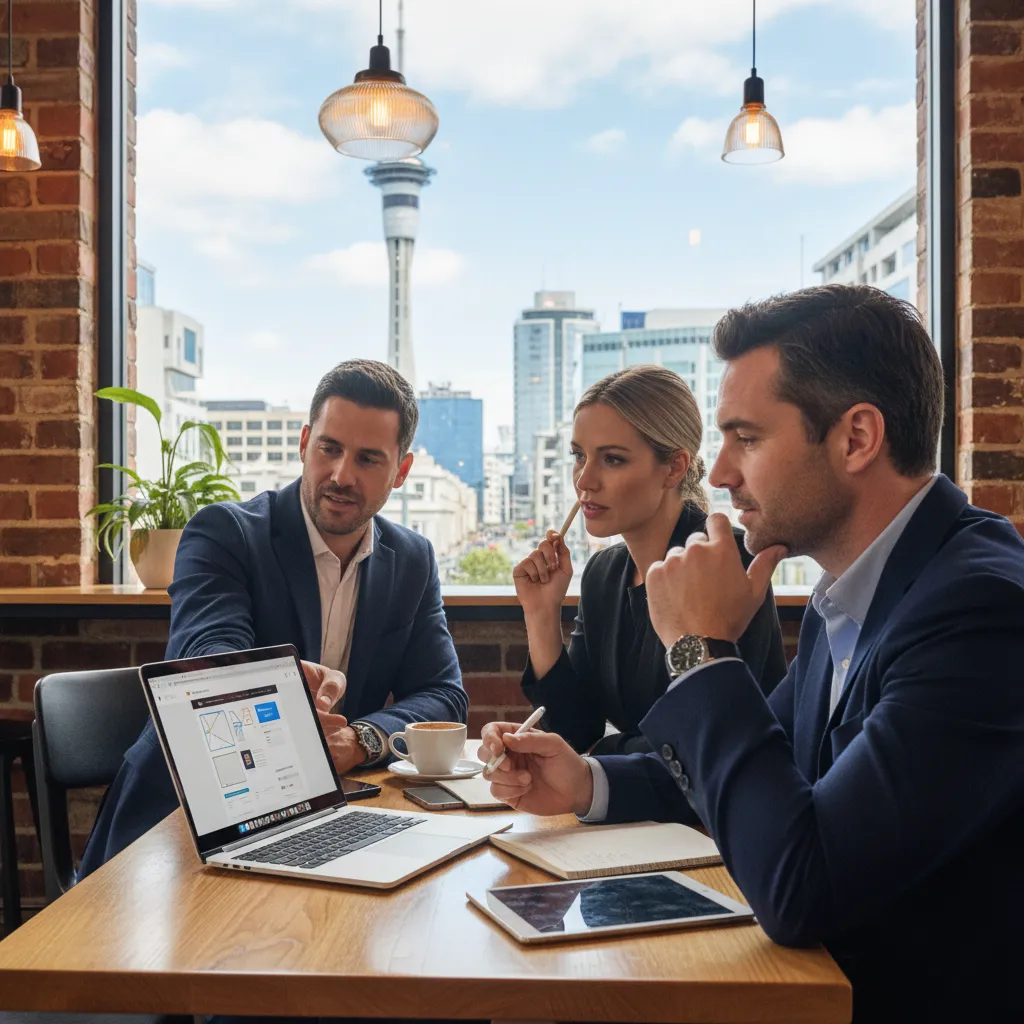 Business professionals discussing .co.nz domain strategy in Auckland