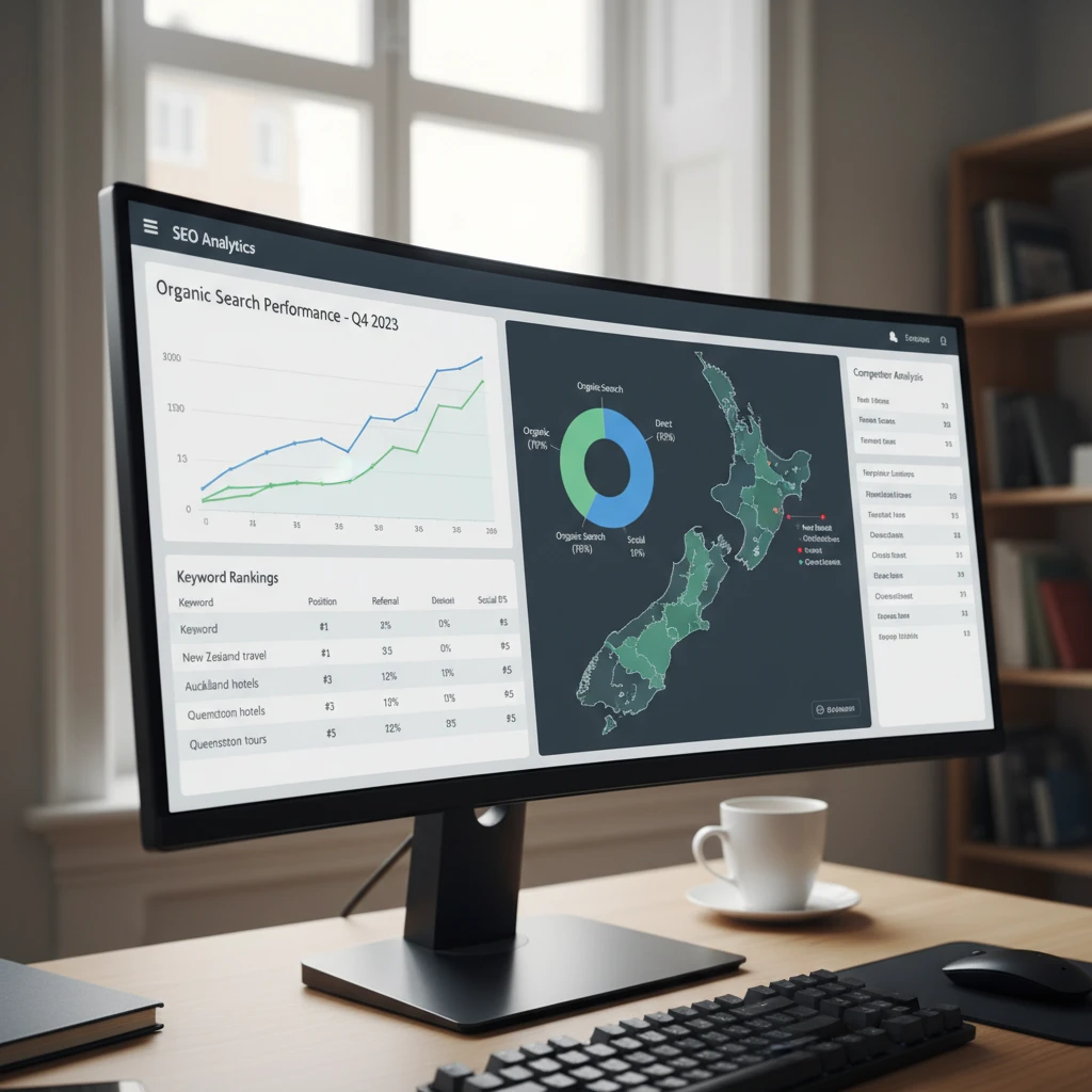 SEO analytics dashboard highlighting New Zealand local search rankings