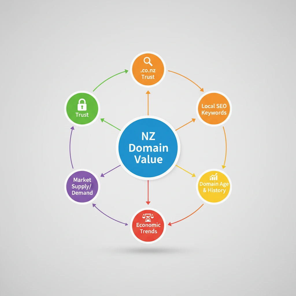 Infographic illustrating key factors influencing the value of New Zealand domain names.