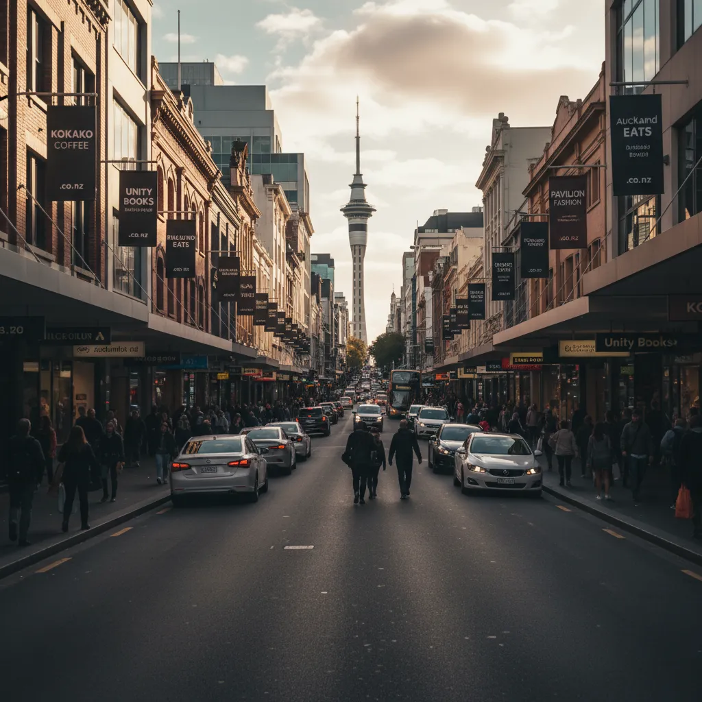 Auckland street scene with shop signs displaying .co.nz domain names.