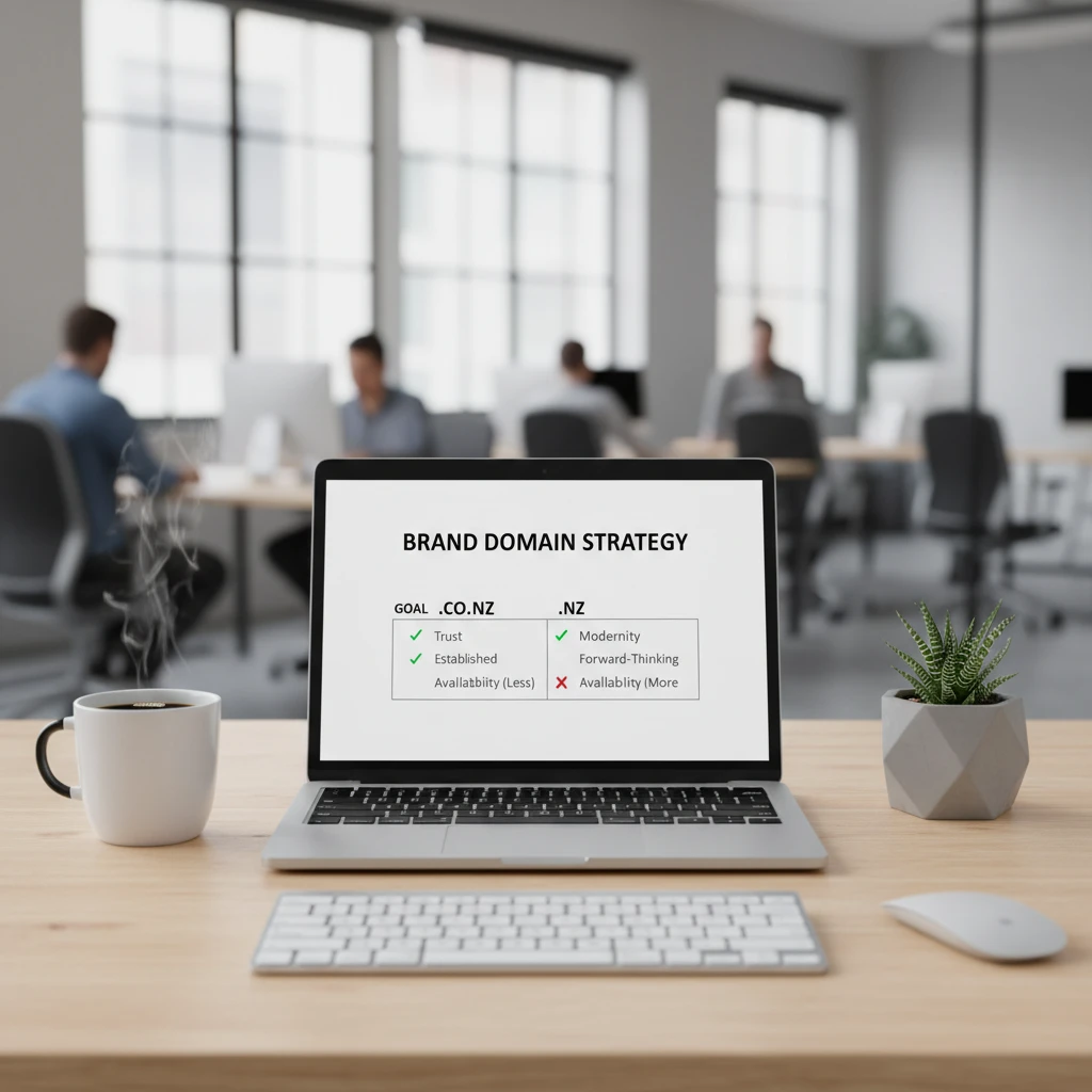 Brand strategy document comparing .co.nz and .nz domain options.