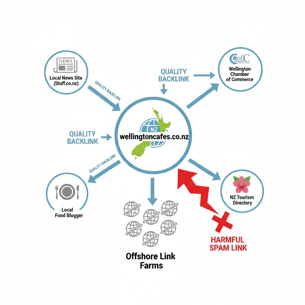 Diagram of a natural, high-quality backlink profile for a local New Zealand EMD.