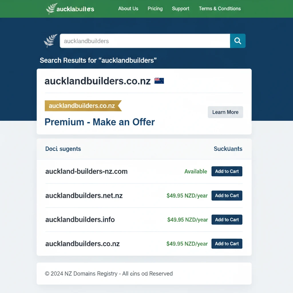 Searching for premium exact match domains on an NZ domain registrar website.